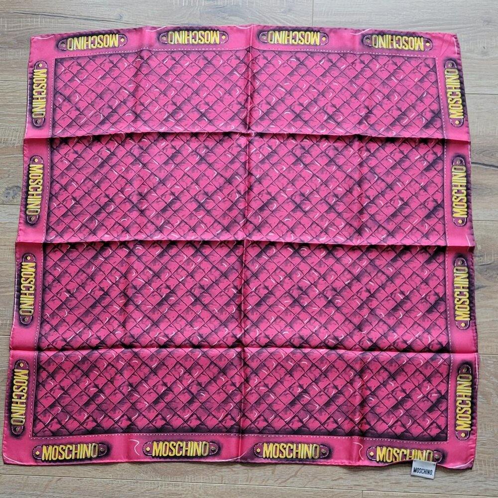 Moschino Pink Quilted Print Silk Scarf with Logo Border